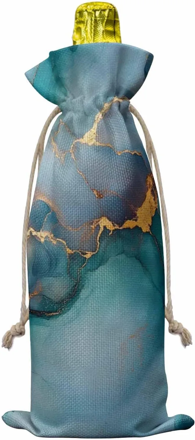 10 Pack Wine Bottle Bags, Marble Teal Yellow Wine Bottle Cover with Drawstring, Modern Abstract Art Ink Painting Gift Bag for Champagne, Wedding, Birthday, Party