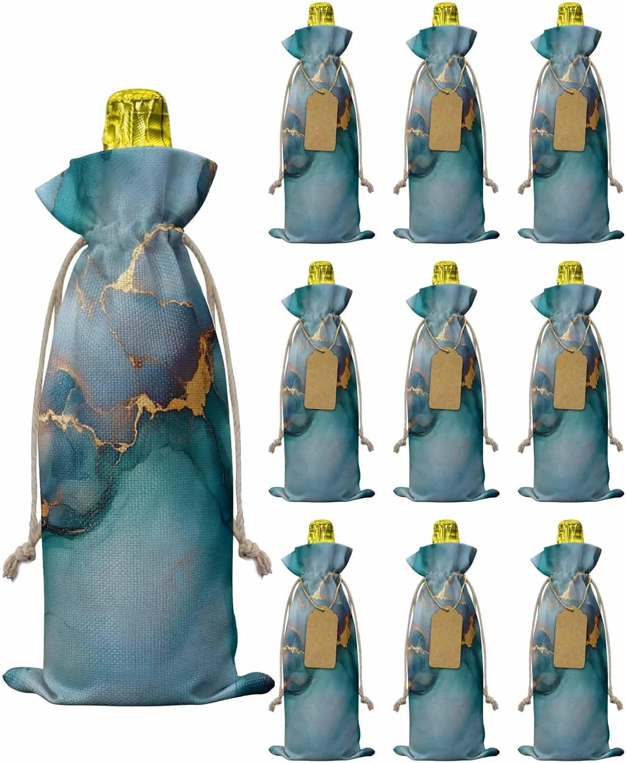10 Pack Wine Bottle Bags, Marble Teal Yellow Wine Bottle Cover with Drawstring, Modern Abstract Art Ink Painting Gift Bag for Champagne, Wedding, Birthday, Party