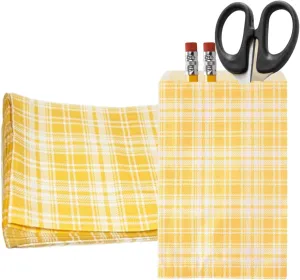 100 Pack Dark Yellow Plaid Print Flat Merchandise Bags 6x9 Inches - Stylish Bag for Birthday Gifts - Bulk Paper Storage Bags for Goody, Shopping, Wedding Anniversary & Special Occasions