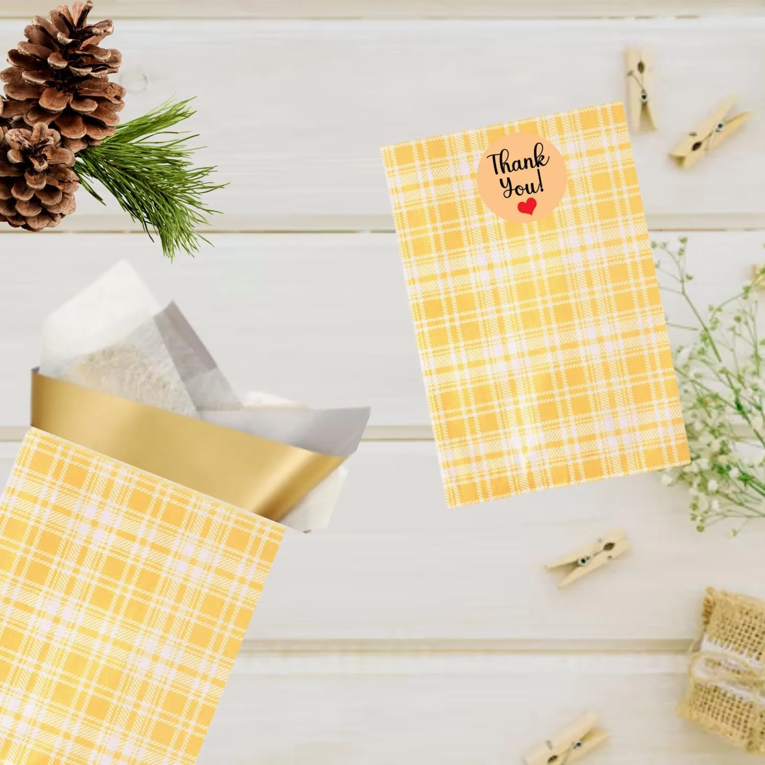 100 Pack Dark Yellow Plaid Print Flat Merchandise Bags 6x9 Inches - Stylish Bag for Birthday Gifts - Bulk Paper Storage Bags for Goody, Shopping, Wedding Anniversary & Special Occasions