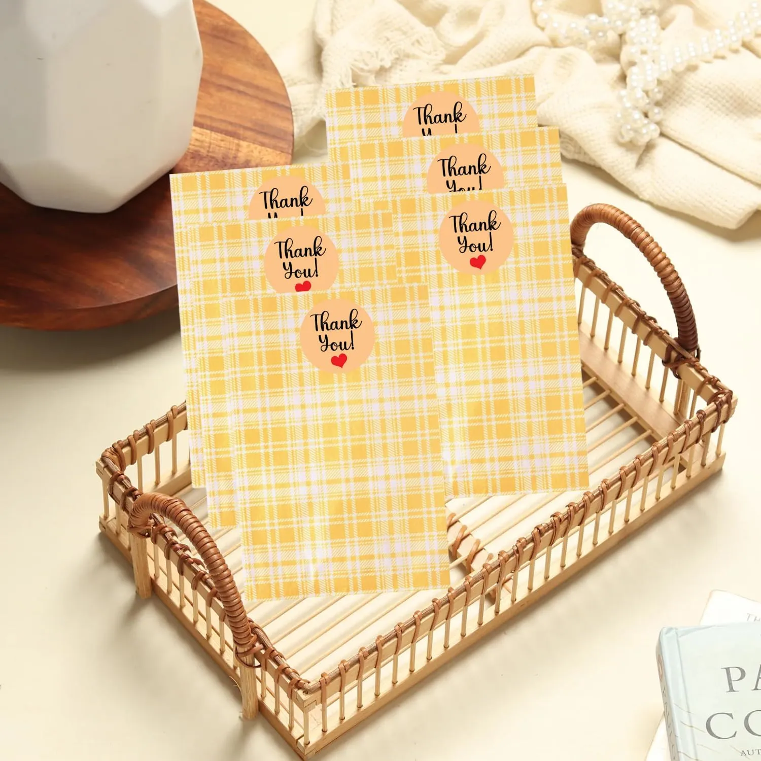 100 Pack Dark Yellow Plaid Print Flat Merchandise Bags 6x9 Inches - Stylish Bag for Birthday Gifts - Bulk Paper Storage Bags for Goody, Shopping, Wedding Anniversary & Special Occasions