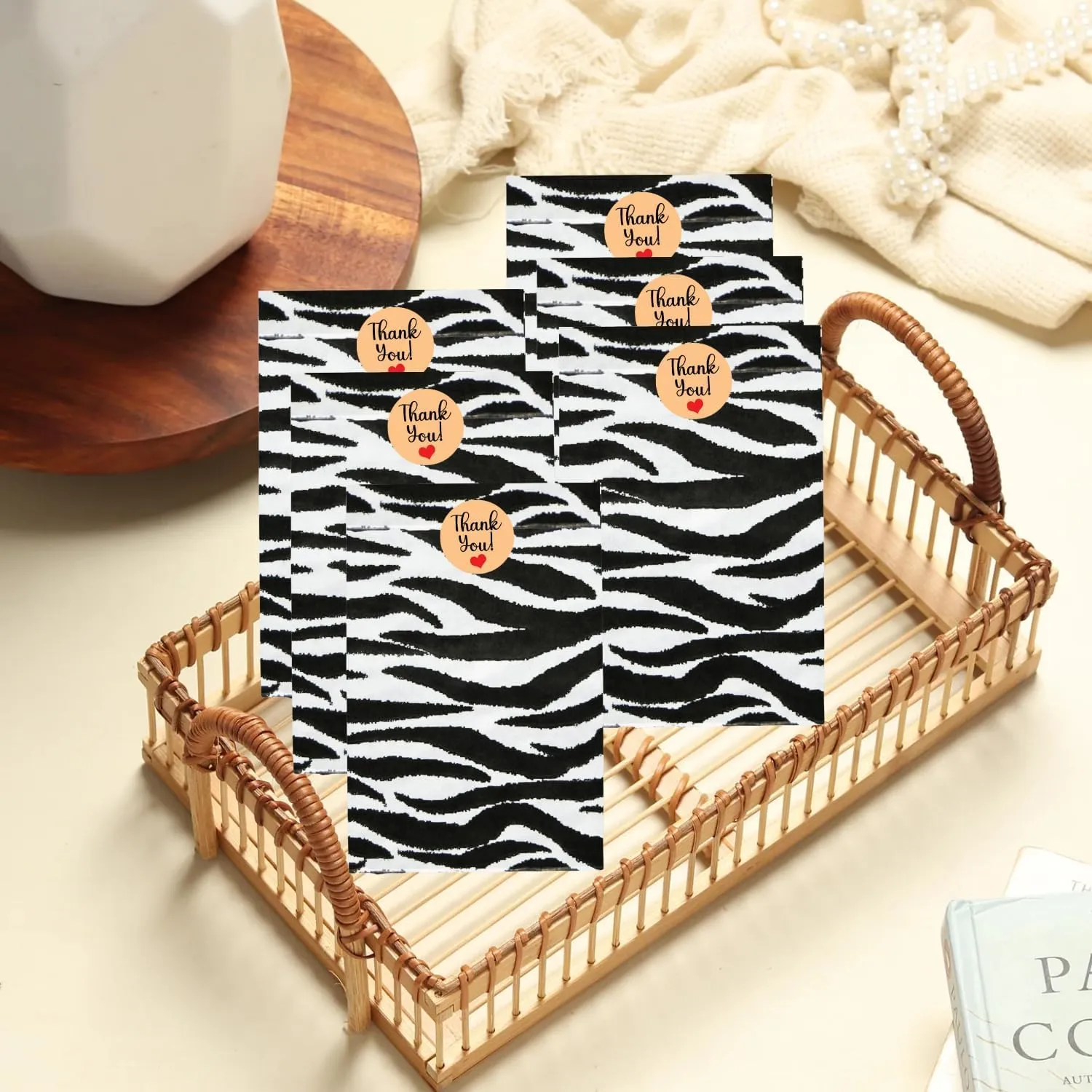 100 Pack Zebra Print Flat Merchandise Bags 4x6 Inches - Stylish Bag for Birthday Gifts - Bulk Paper Storage Bags for Goody, Shopping, Wedding Anniversary & Special Occasions