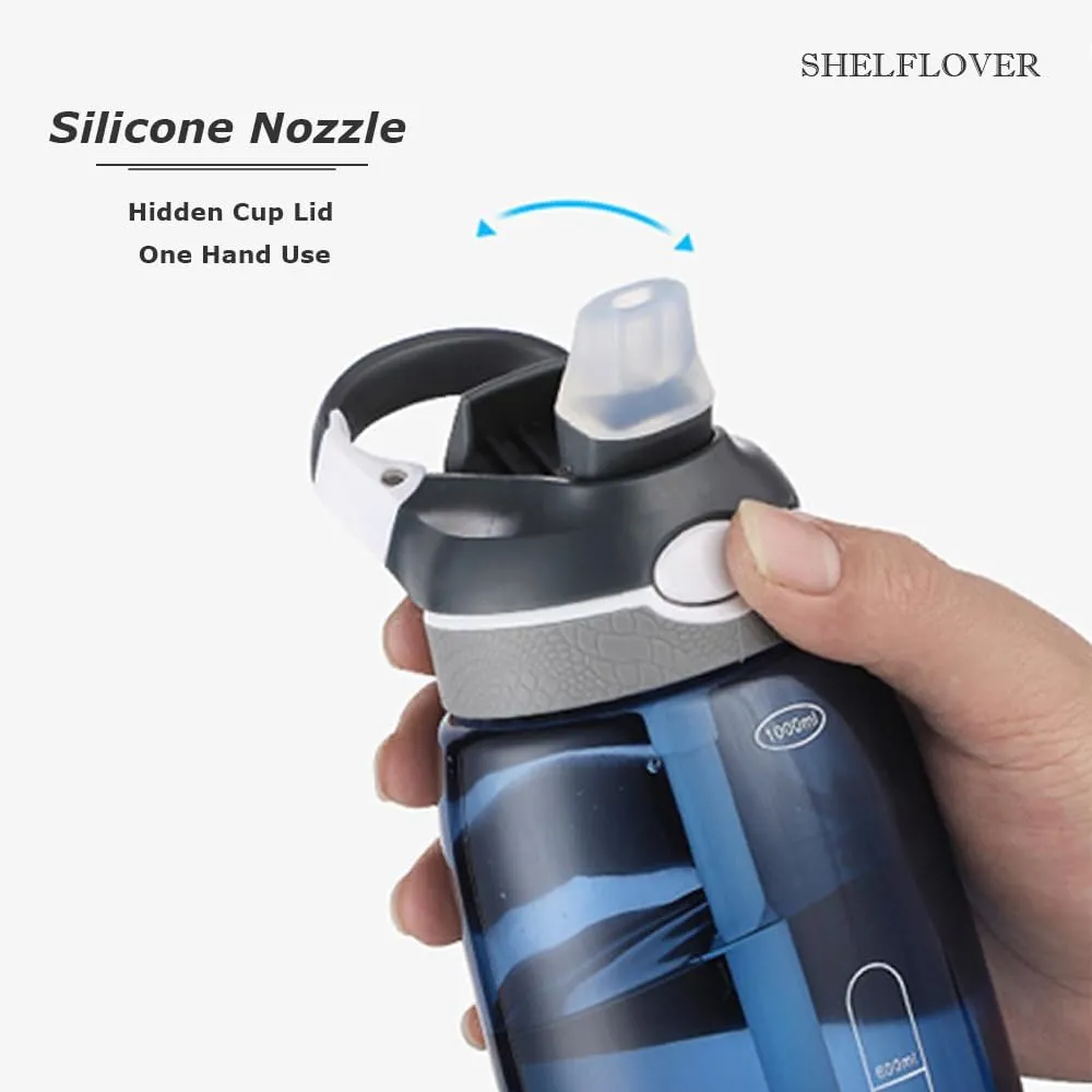 1000ml Dark Blue Water Bottle With Straw, BPA FREE Clear Bottle With Handle One Hand Use Easy Carried, Flip Up, Suit School, Office, Gym, Office For Men Boys