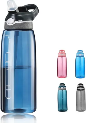 1000ml Dark Blue Water Bottle With Straw, BPA FREE Clear Bottle With Handle One Hand Use Easy Carried, Flip Up, Suit School, Office, Gym, Office For Men Boys