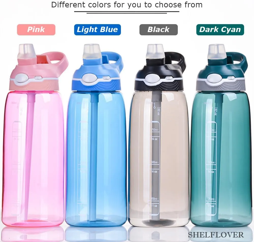 1000ml Dark Blue Water Bottle With Straw, BPA FREE Clear Bottle With Handle One Hand Use Easy Carried, Flip Up, Suit School, Office, Gym, Office For Men Boys