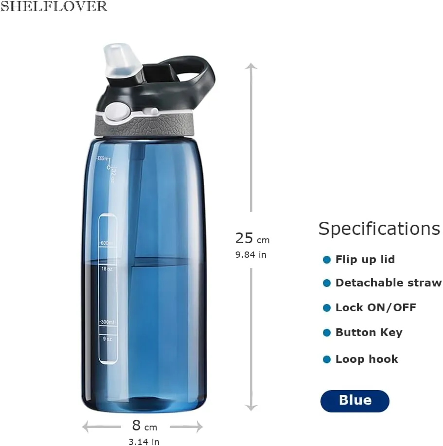 1000ml Dark Blue Water Bottle With Straw, BPA FREE Clear Bottle With Handle One Hand Use Easy Carried, Flip Up, Suit School, Office, Gym, Office For Men Boys