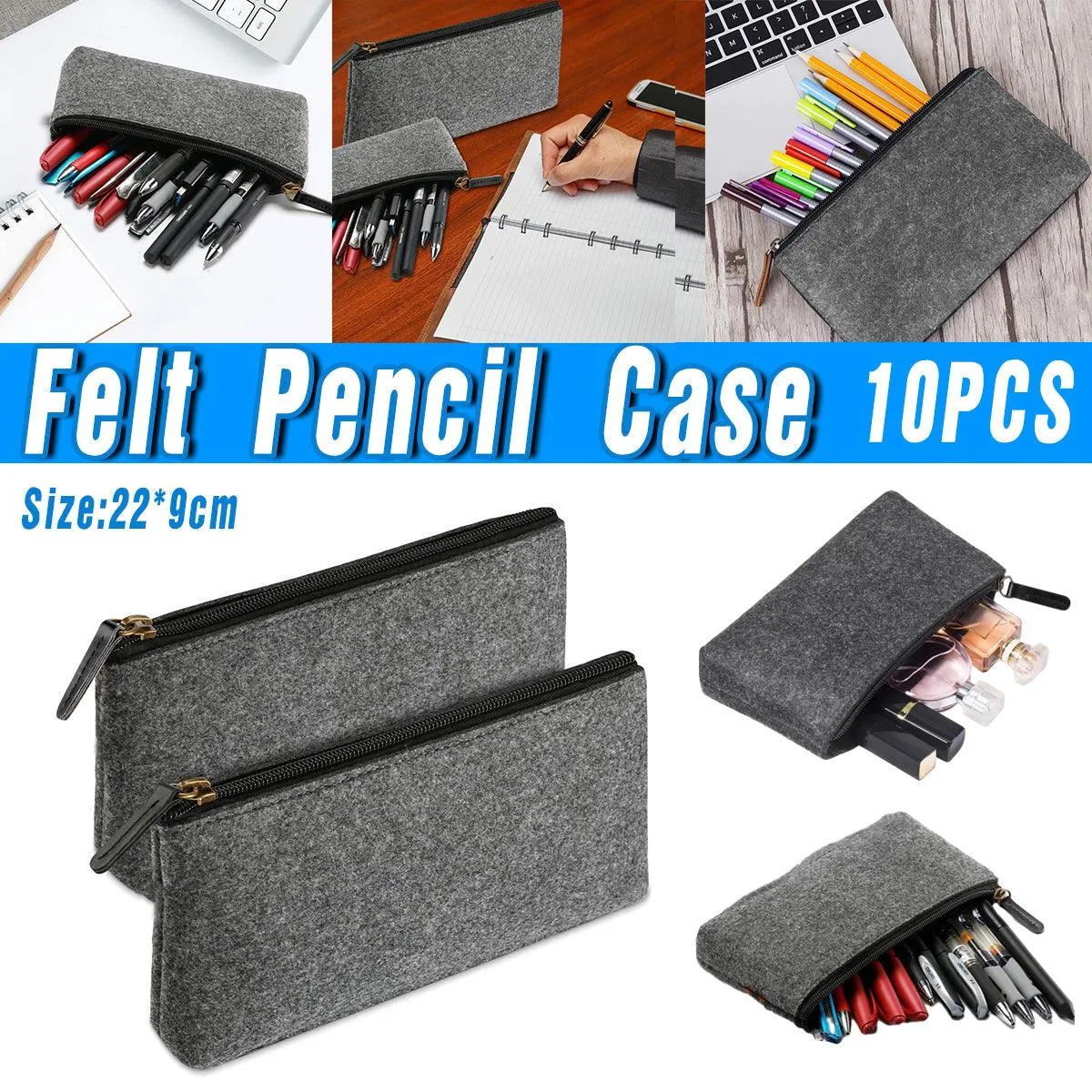 10PCS Large Capacity Felt Pencil Case Stationery Organizer Cosmetic Storage Bag