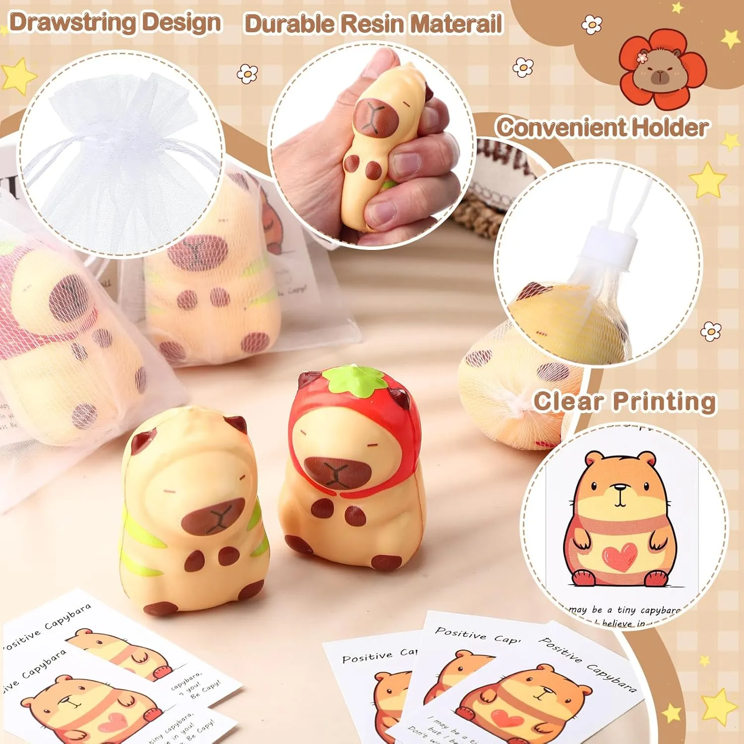 12 Set Capybara Party Favors Positive Capybara Squeeze Stress Balls with Cards & Bags Mini Animal Stress Relief Toy Bulk for Employee Appreciation Gifts Adult Kid Birthday Decor (Classic)