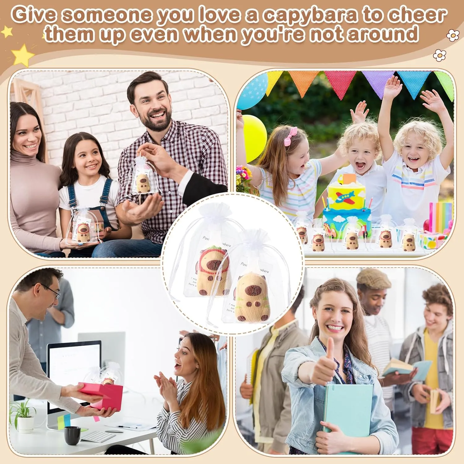 12 Set Capybara Party Favors Positive Capybara Squeeze Stress Balls with Cards & Bags Mini Animal Stress Relief Toy Bulk for Employee Appreciation Gifts Adult Kid Birthday Decor (Classic)