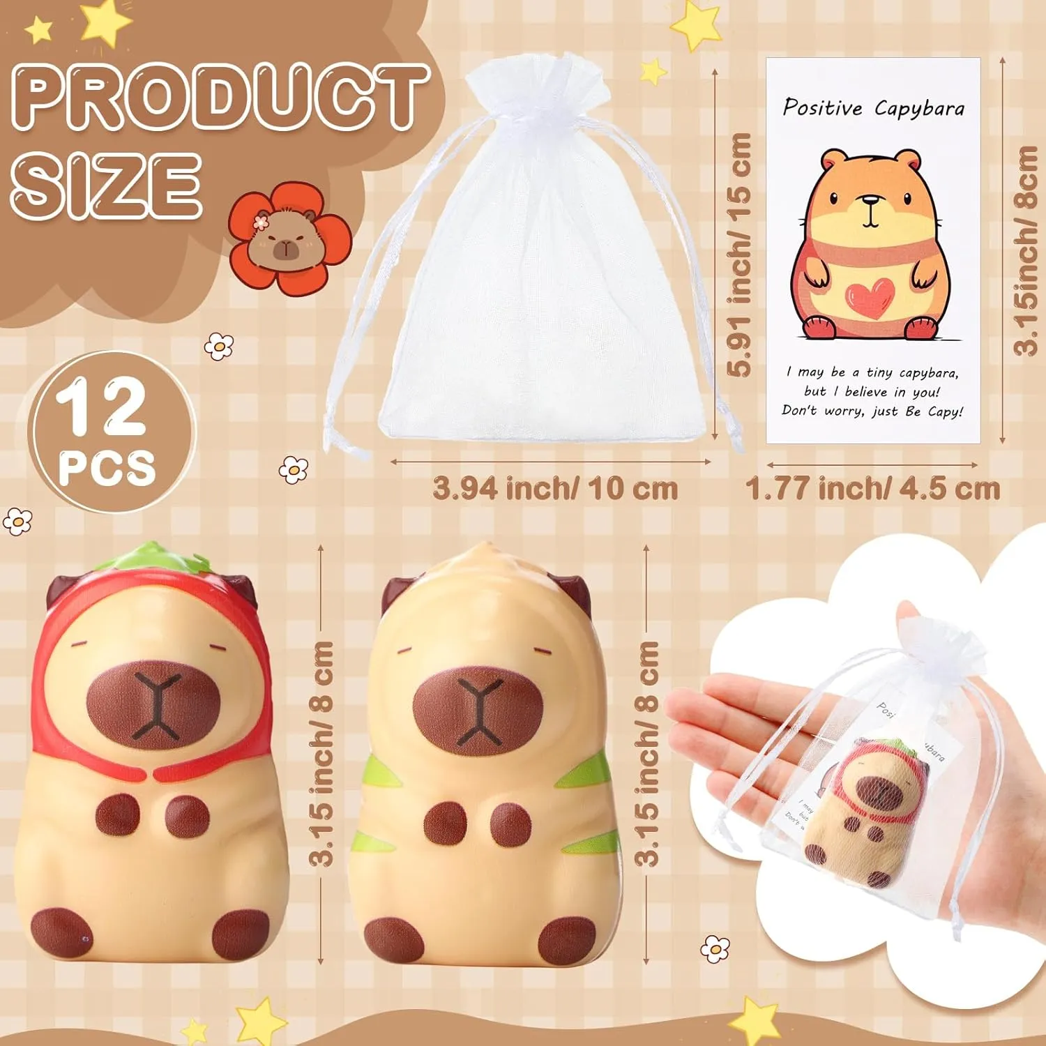 12 Set Capybara Party Favors Positive Capybara Squeeze Stress Balls with Cards & Bags Mini Animal Stress Relief Toy Bulk for Employee Appreciation Gifts Adult Kid Birthday Decor (Classic)