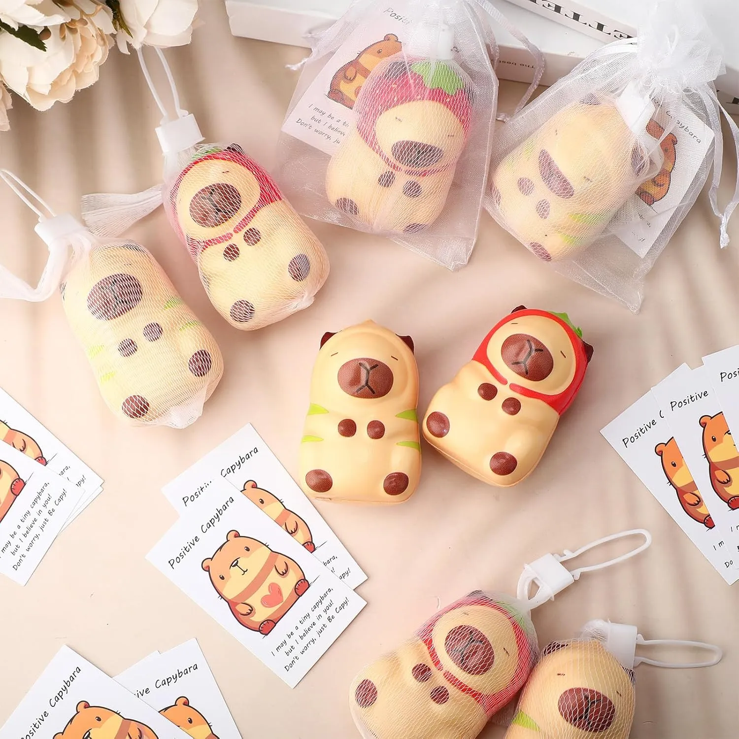 12 Set Capybara Party Favors Positive Capybara Squeeze Stress Balls with Cards & Bags Mini Animal Stress Relief Toy Bulk for Employee Appreciation Gifts Adult Kid Birthday Decor (Classic)