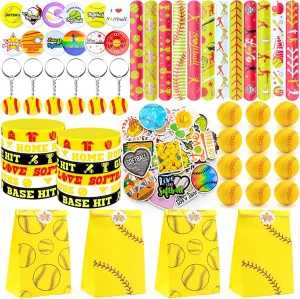 122Pcs Softball Party Favors Softball Goodie Bags Stuffers with Stress Ball Keychain Sticker Badges Silicone Bracelet for Softball Birthday Party Decorations