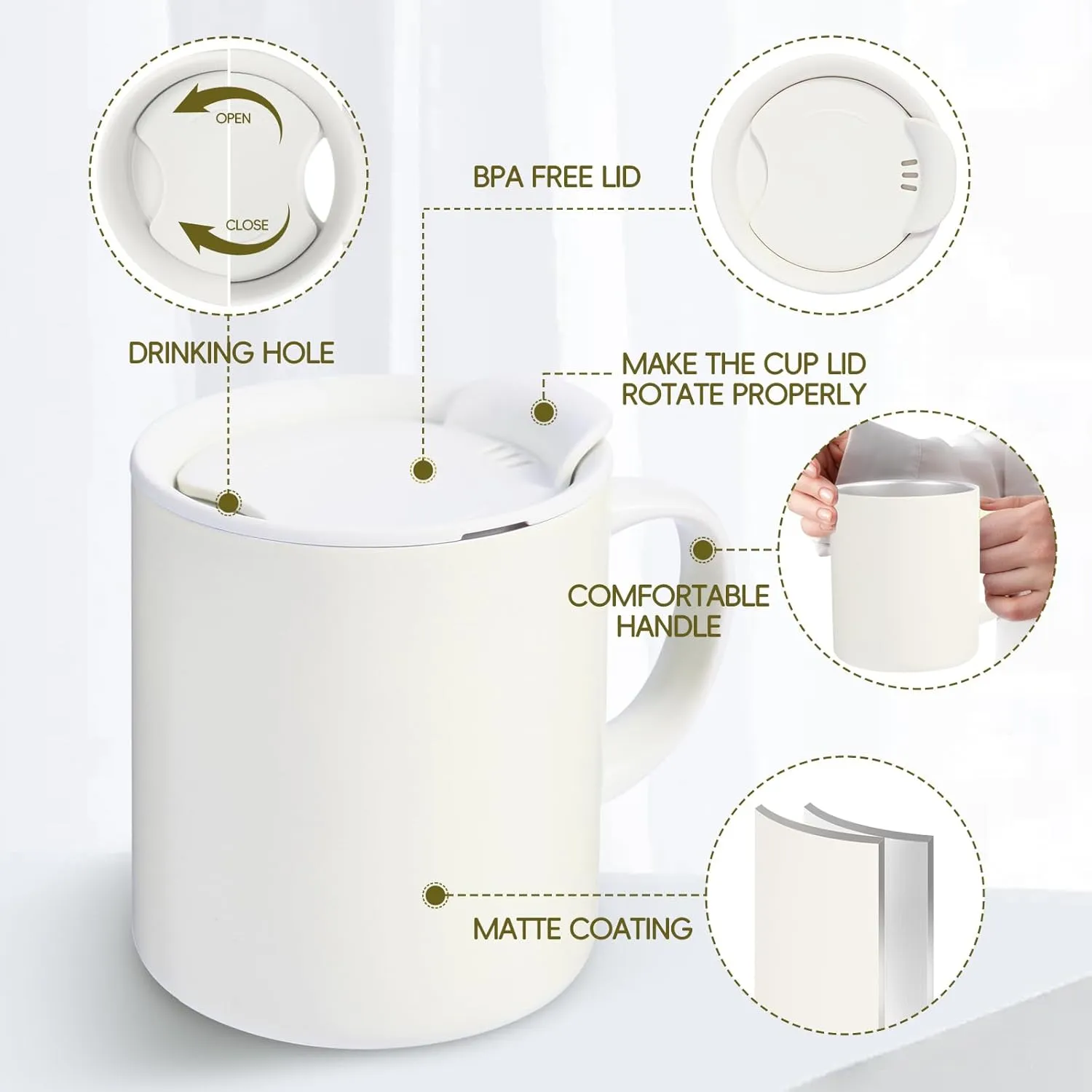 12oz Coffee Mug, Insulated Camping Mug with Lid,Double Wall Stainless Steel Travel Tumbler Cup with Handle, Vacuum Reusable Coffee Tumbler for Home, Office, Camping - White