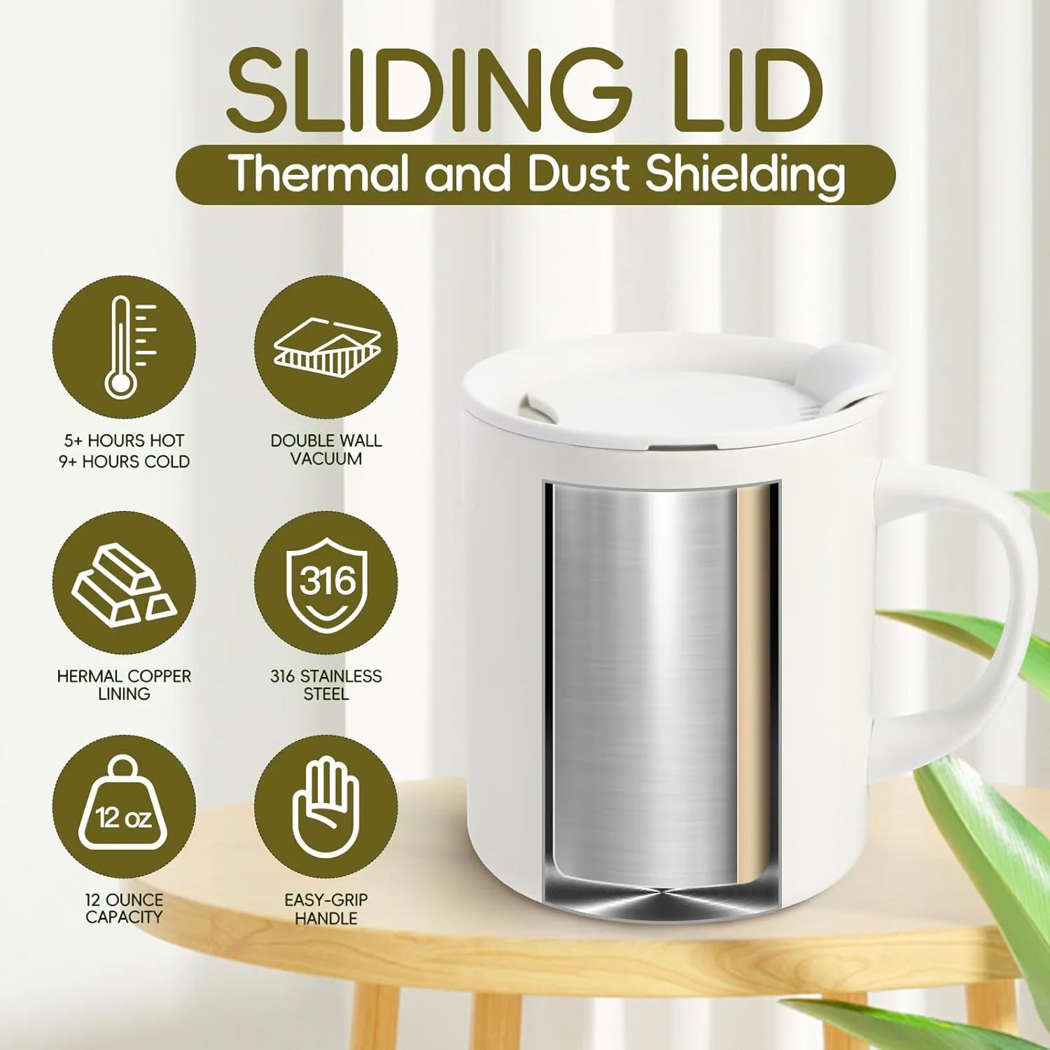 12oz Coffee Mug, Insulated Camping Mug with Lid,Double Wall Stainless Steel Travel Tumbler Cup with Handle, Vacuum Reusable Coffee Tumbler for Home, Office, Camping - White