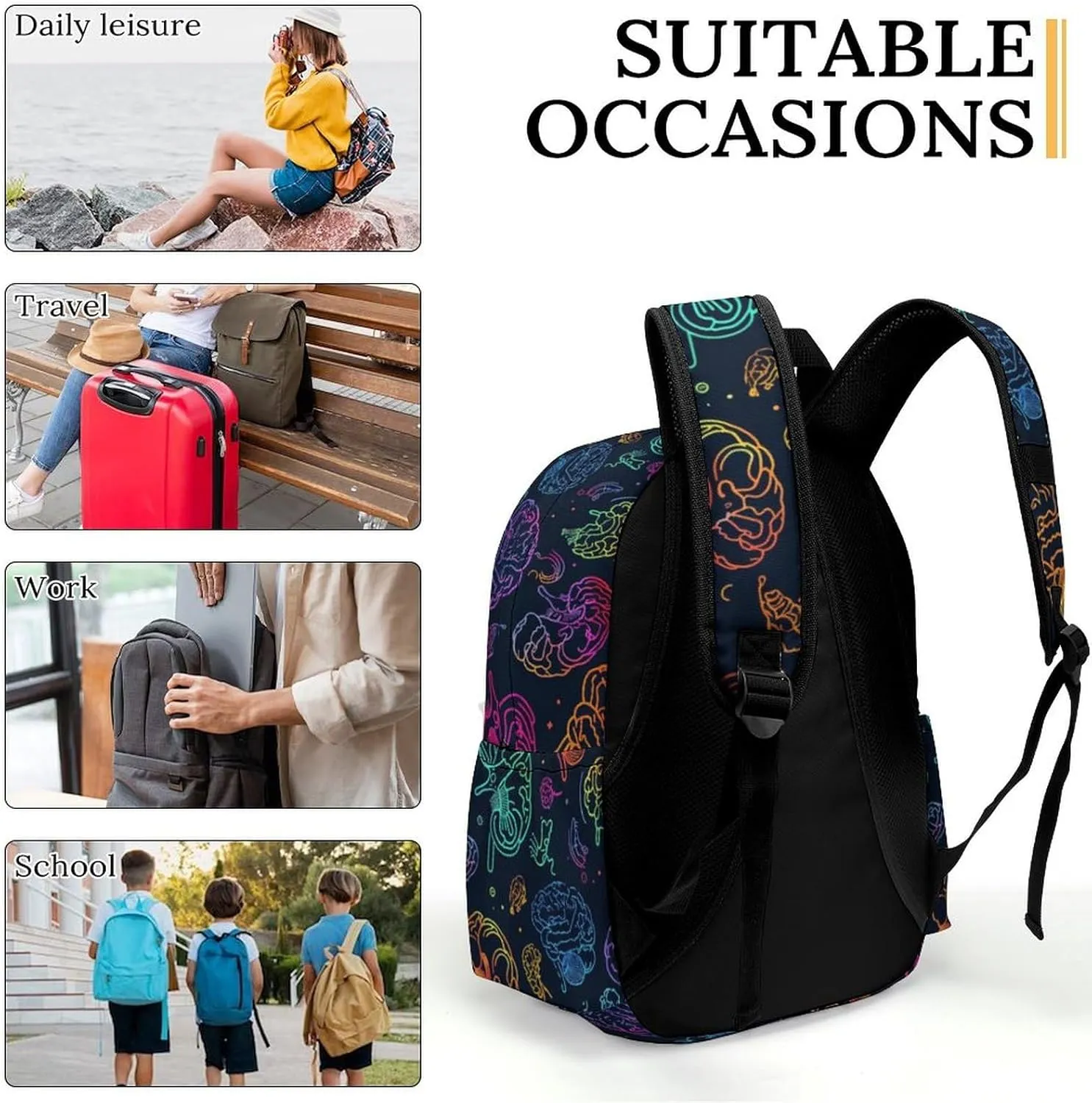 16 Inch Backpack Colorful Brains Pattern Laptop Backpack School Bookbag Shoulder Bag Casual Daypack