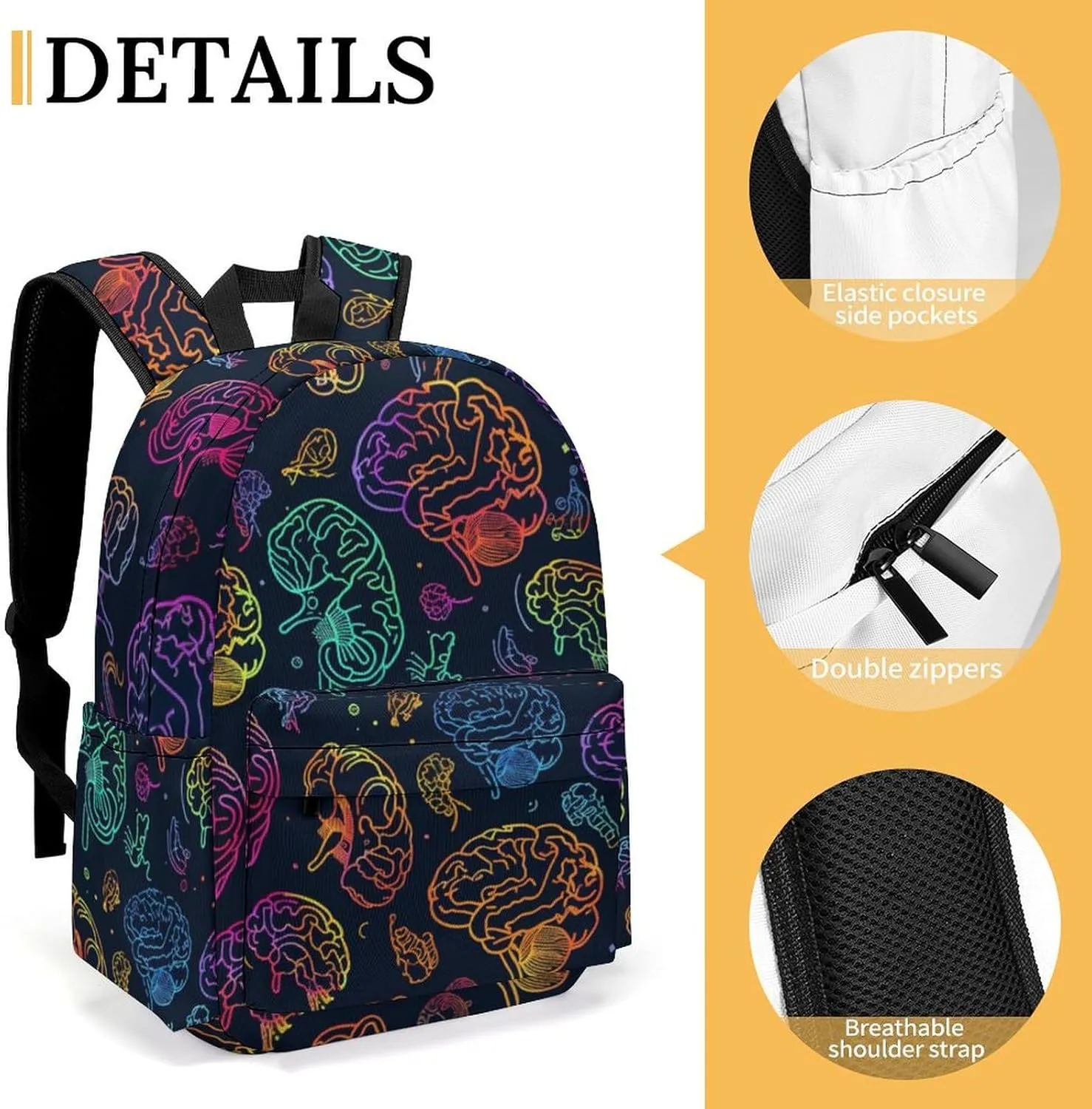 16 Inch Backpack Colorful Brains Pattern Laptop Backpack School Bookbag Shoulder Bag Casual Daypack