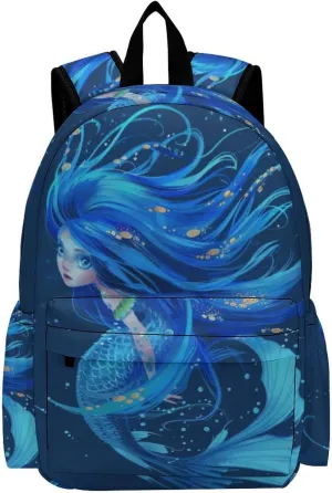 16 Inch Backpack Cute Blue Mermaid Bubble Laptop Backpack School Bookbag Shoulder Bag Casual Daypack