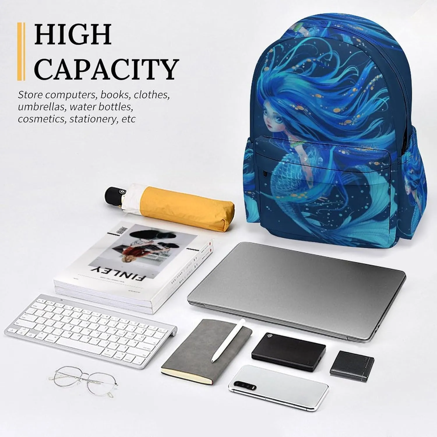 16 Inch Backpack Cute Blue Mermaid Bubble Laptop Backpack School Bookbag Shoulder Bag Casual Daypack