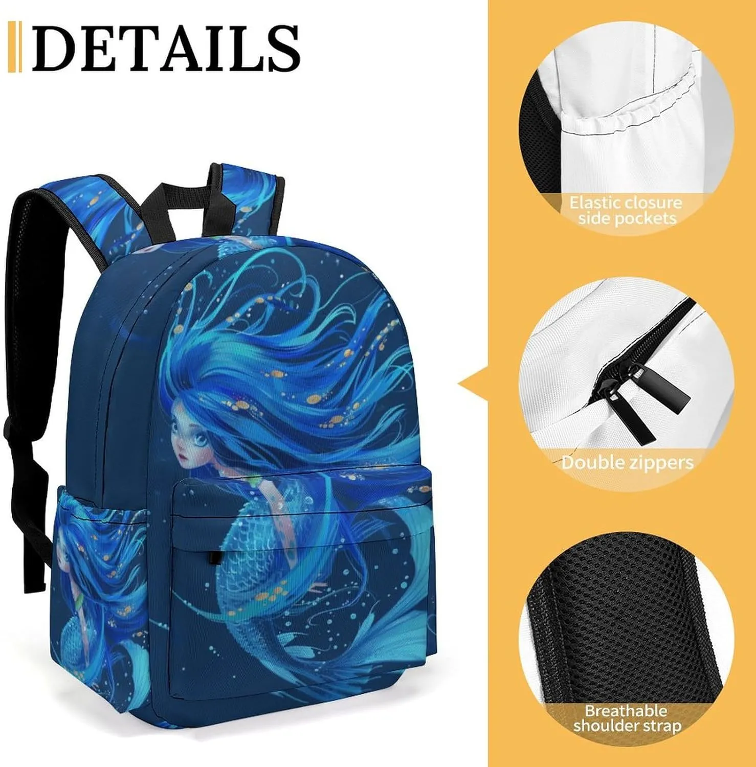 16 Inch Backpack Cute Blue Mermaid Bubble Laptop Backpack School Bookbag Shoulder Bag Casual Daypack