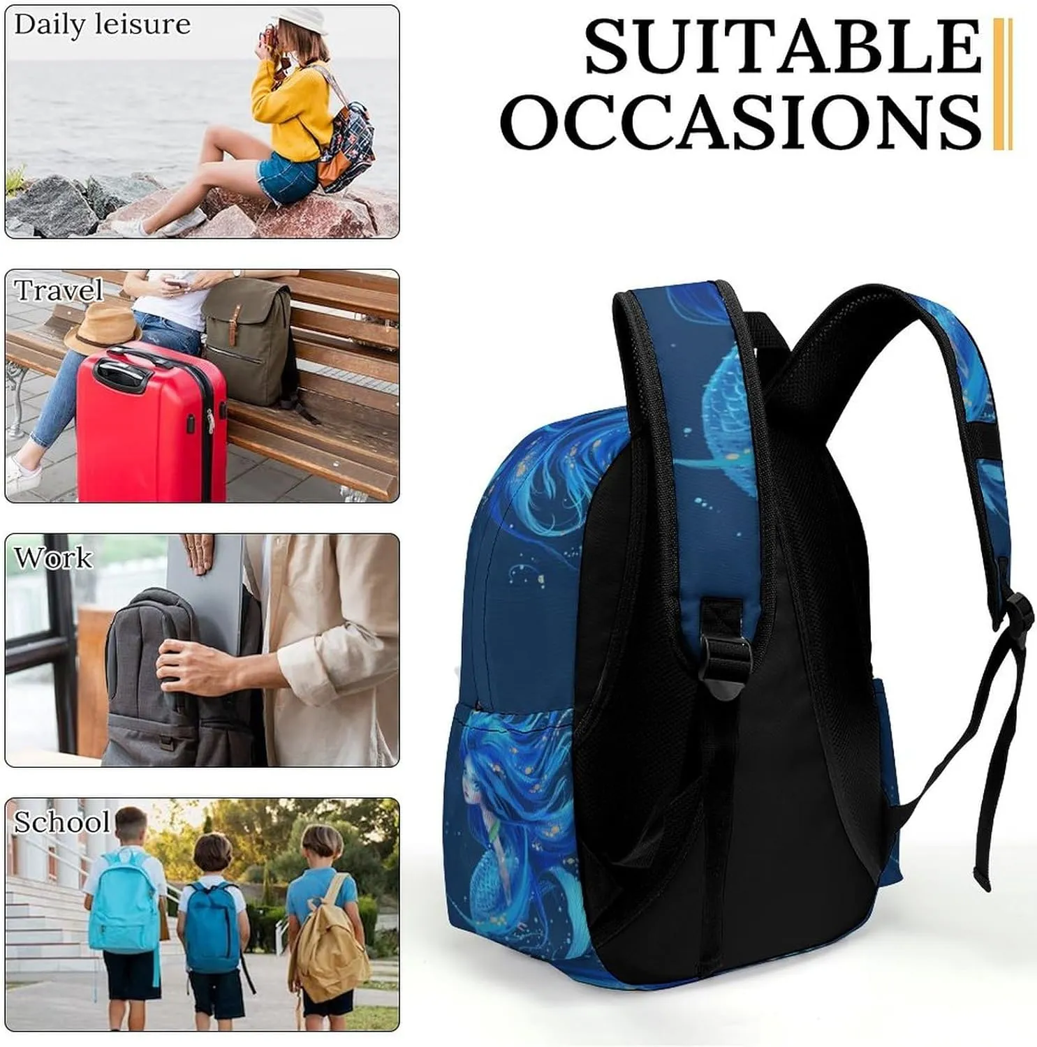 16 Inch Backpack Cute Blue Mermaid Bubble Laptop Backpack School Bookbag Shoulder Bag Casual Daypack