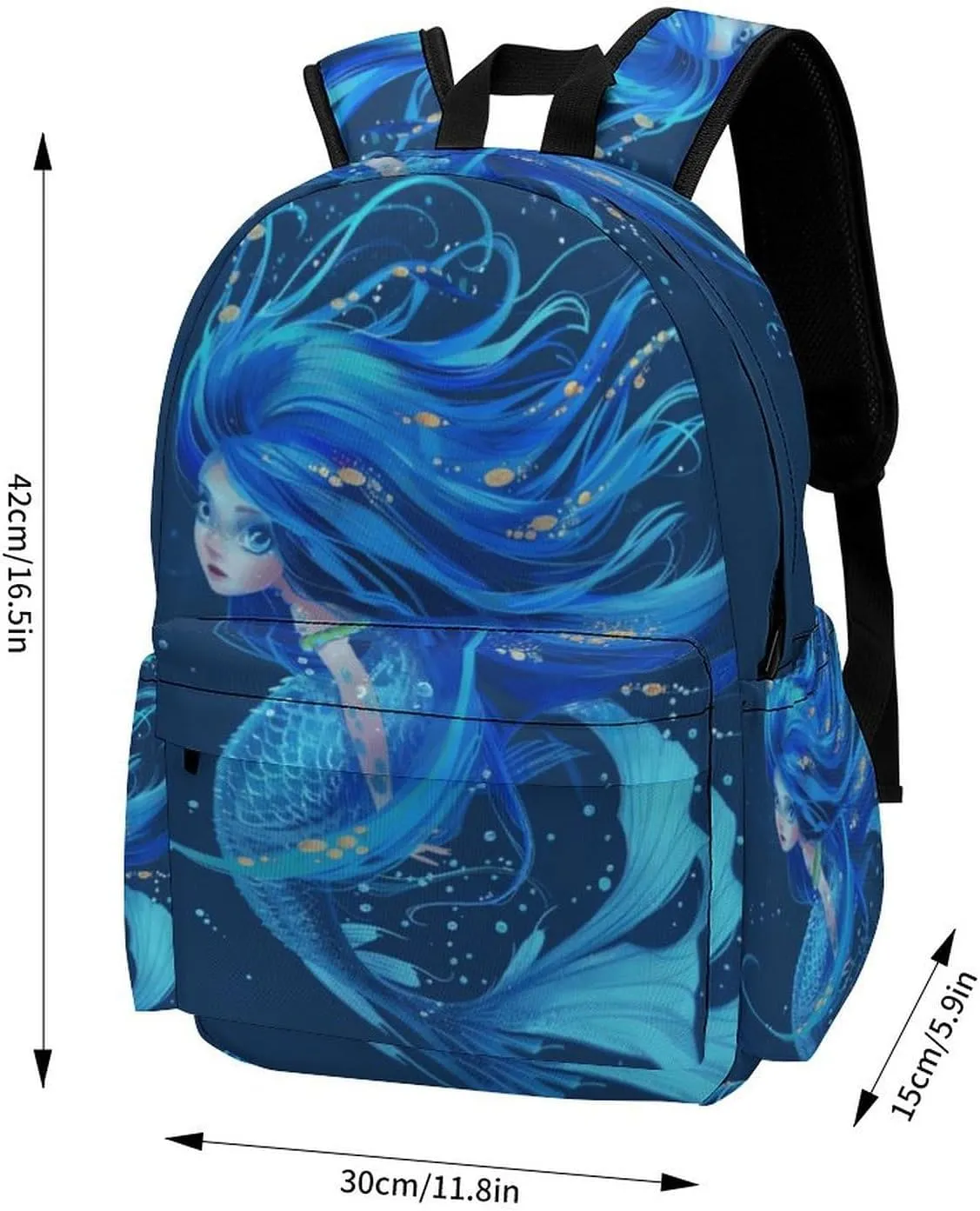 16 Inch Backpack Cute Blue Mermaid Bubble Laptop Backpack School Bookbag Shoulder Bag Casual Daypack