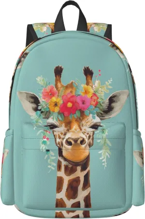 16 inch backpack Giraffe with Floral Headpiece Laptop Backpack Full Print School Bookbag Shoulder Bag for Travel Daypack