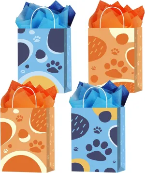 16 Pack Blue Orange Dog Party Favor Bags with 20 Sheets Tissue Paper, Cartoon Dog Paw Theme Printed Gift Bags Kraft Candy Treat Goodie Bag for Happy Birthday Baby Shower Supplies Decoration