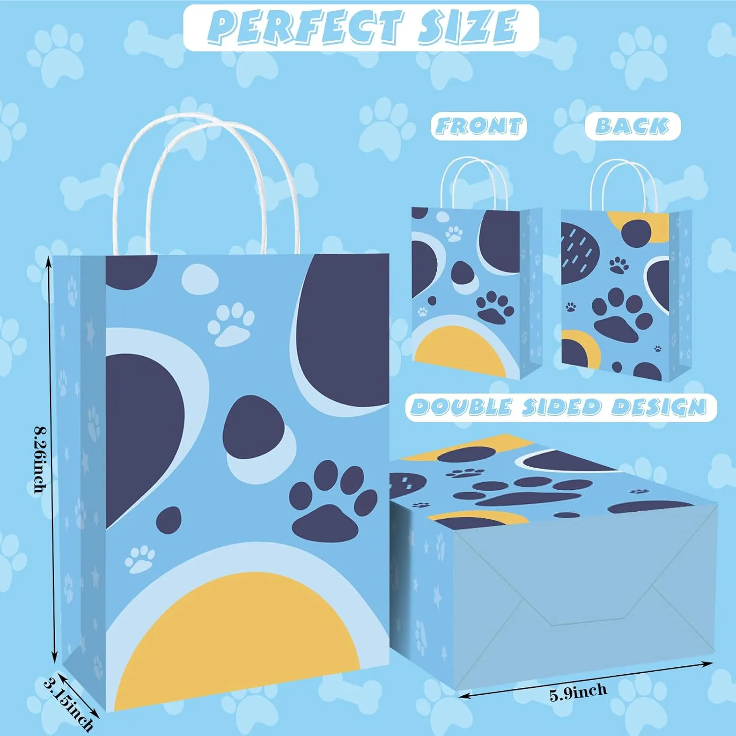 16 Pack Blue Orange Dog Party Favor Bags with 20 Sheets Tissue Paper, Cartoon Dog Paw Theme Printed Gift Bags Kraft Candy Treat Goodie Bag for Happy Birthday Baby Shower Supplies Decoration