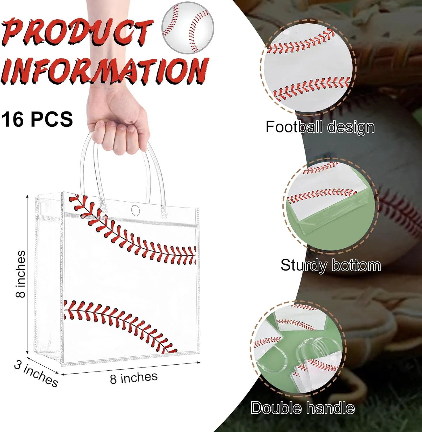 16 Pieces Baseball Clear Gift Bags Baseball Transparent Treat Goodie Bags Sport Clear PVC Snack Bags with Handles for Sports Team Birthday Holiday Party Decorations Supplies (16 PCS , Baseball)