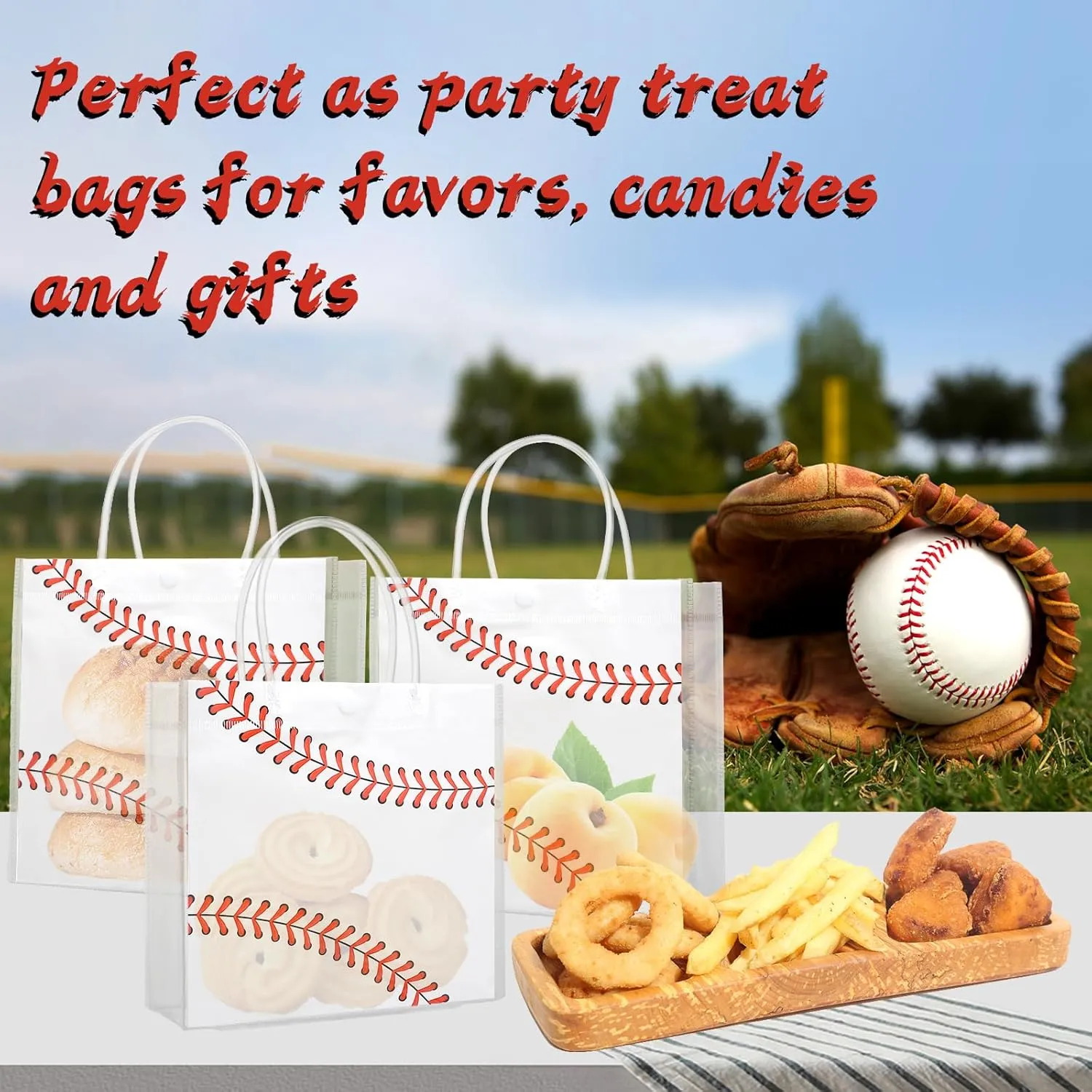 16 Pieces Baseball Clear Gift Bags Baseball Transparent Treat Goodie Bags Sport Clear PVC Snack Bags with Handles for Sports Team Birthday Holiday Party Decorations Supplies (16 PCS , Baseball)