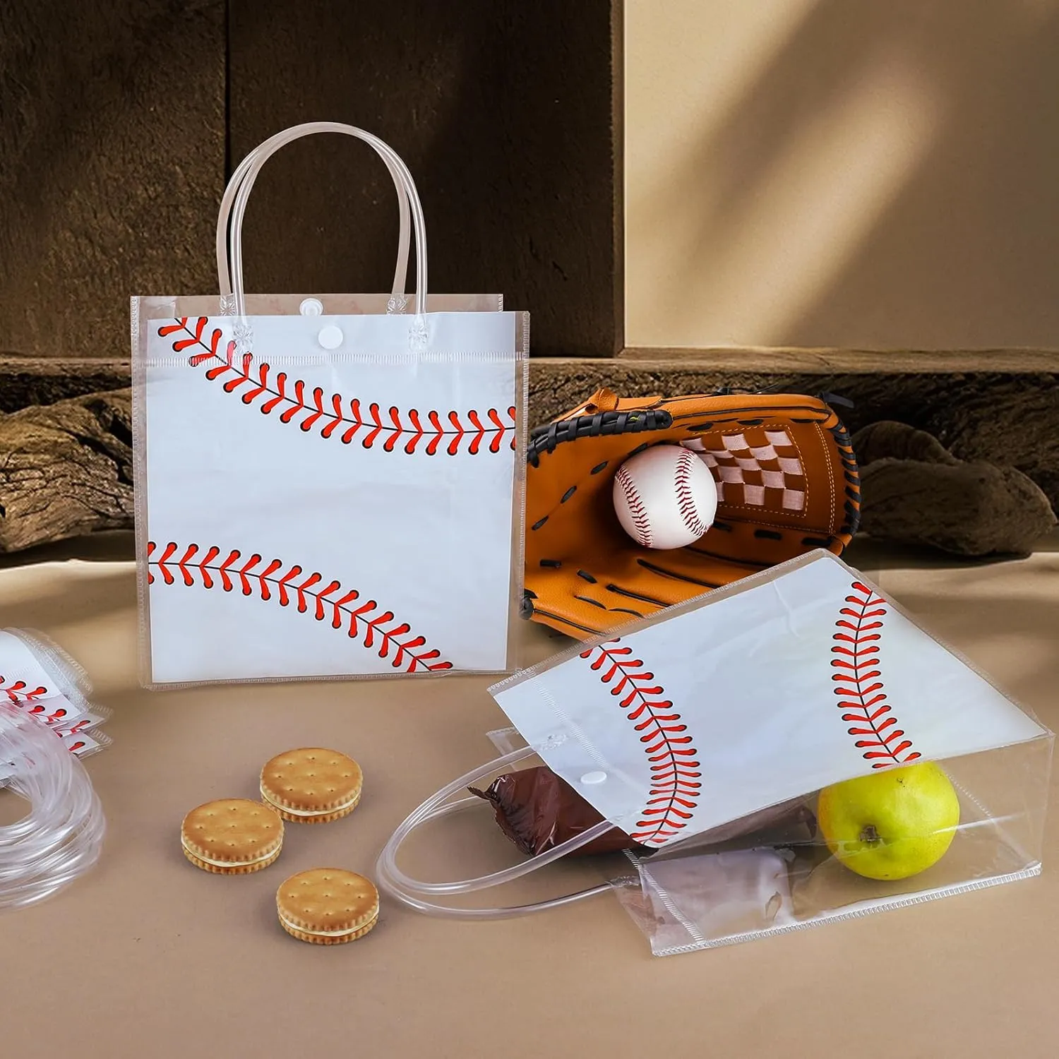 16 Pieces Baseball Clear Gift Bags Baseball Transparent Treat Goodie Bags Sport Clear PVC Snack Bags with Handles for Sports Team Birthday Holiday Party Decorations Supplies (16 PCS , Baseball)