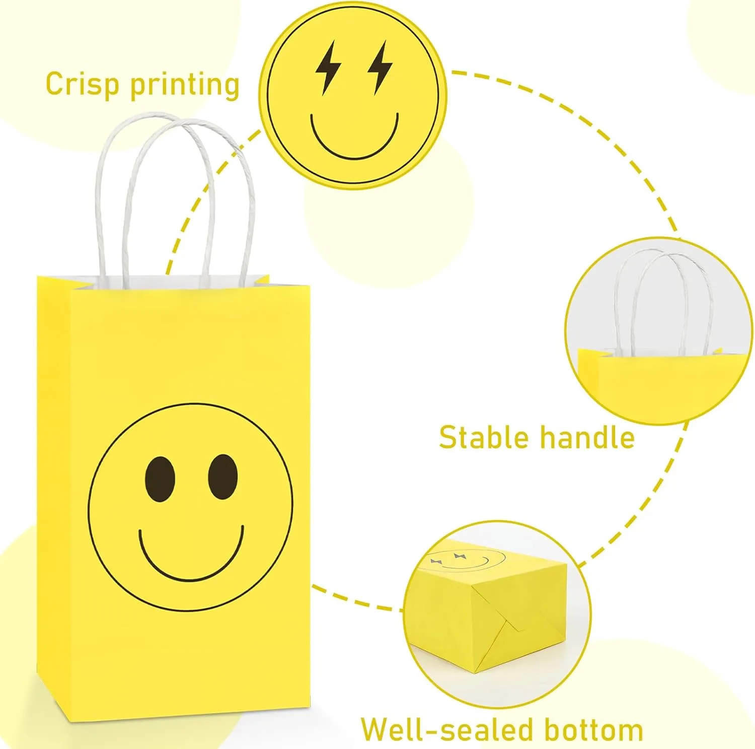 16PCS Smile Face Gift Paper Bags Smile Face Party Supplies Preppy Party Favors Bags Yellow Smile Face Party Goodie Bags Preppy Party Decor Party Decorations for Bachelorette Birthday Baby Shower Dinner Party