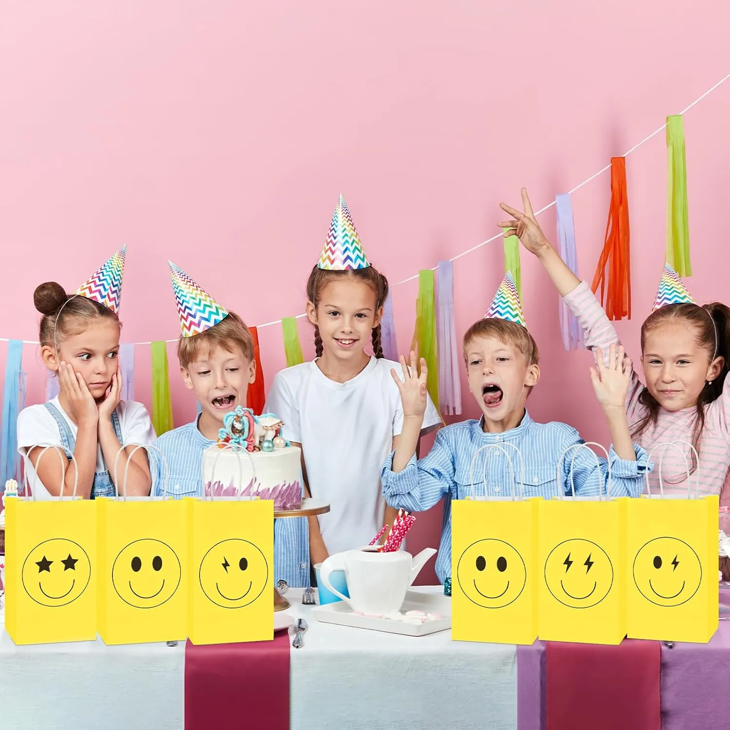 16PCS Smile Face Gift Paper Bags Smile Face Party Supplies Preppy Party Favors Bags Yellow Smile Face Party Goodie Bags Preppy Party Decor Party Decorations for Bachelorette Birthday Baby Shower Dinner Party