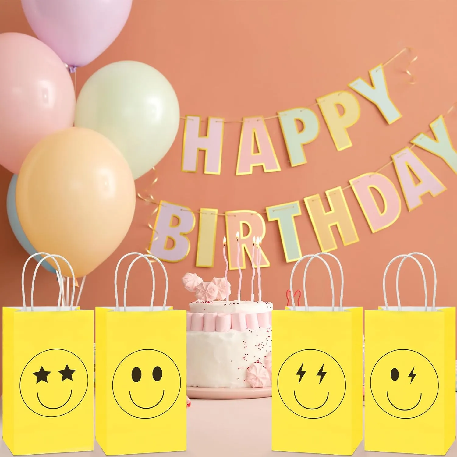 16PCS Smile Face Gift Paper Bags Smile Face Party Supplies Preppy Party Favors Bags Yellow Smile Face Party Goodie Bags Preppy Party Decor Party Decorations for Bachelorette Birthday Baby Shower Dinner Party