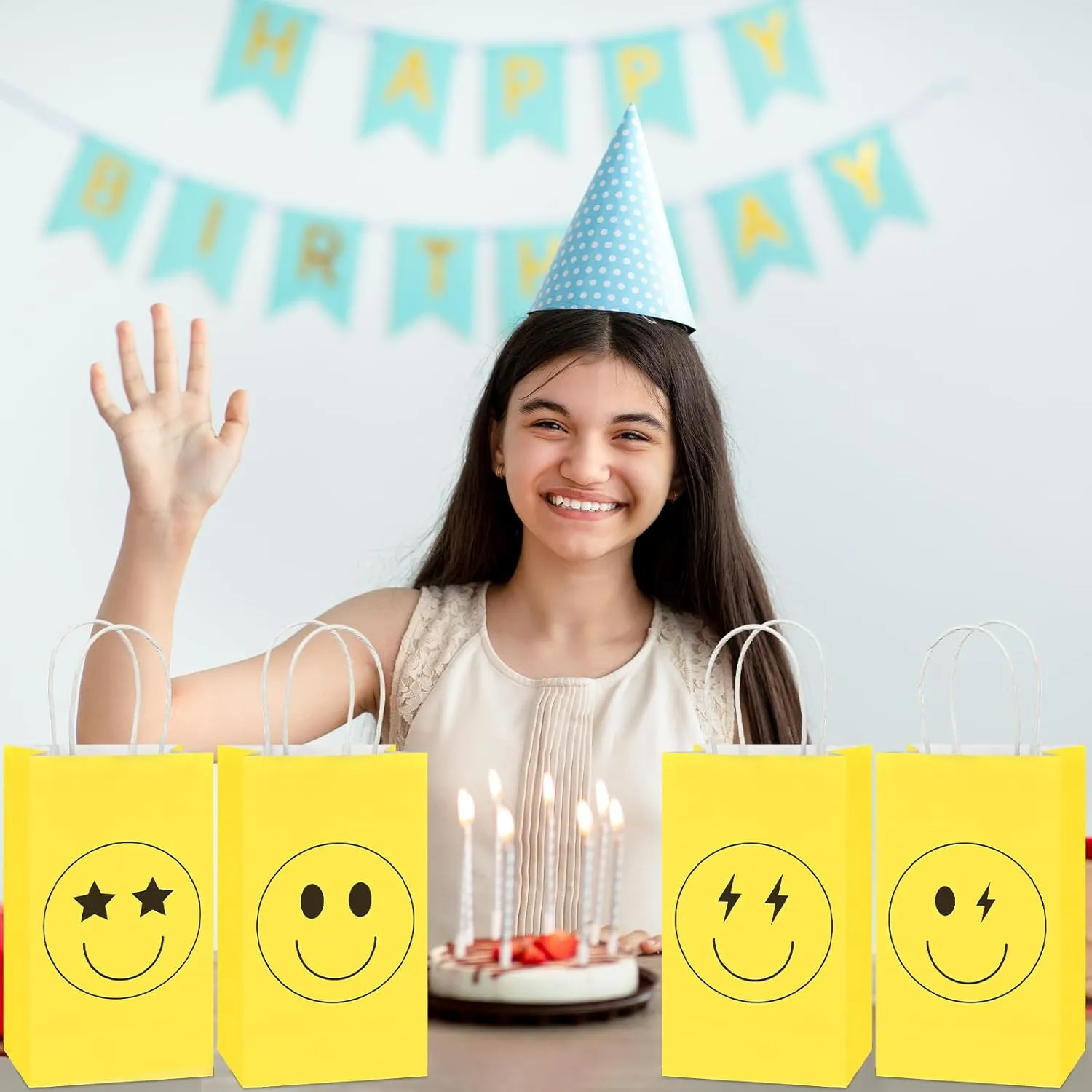 16PCS Smile Face Gift Paper Bags Smile Face Party Supplies Preppy Party Favors Bags Yellow Smile Face Party Goodie Bags Preppy Party Decor Party Decorations for Bachelorette Birthday Baby Shower Dinner Party