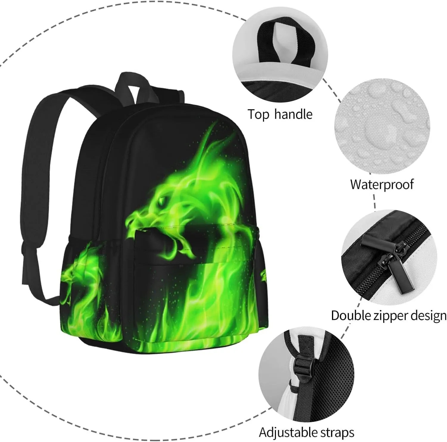17 inch Backpack Green Fire Burning Dragon Laptop Backpack School Bookbag Shoulder Bag Casual Daypack