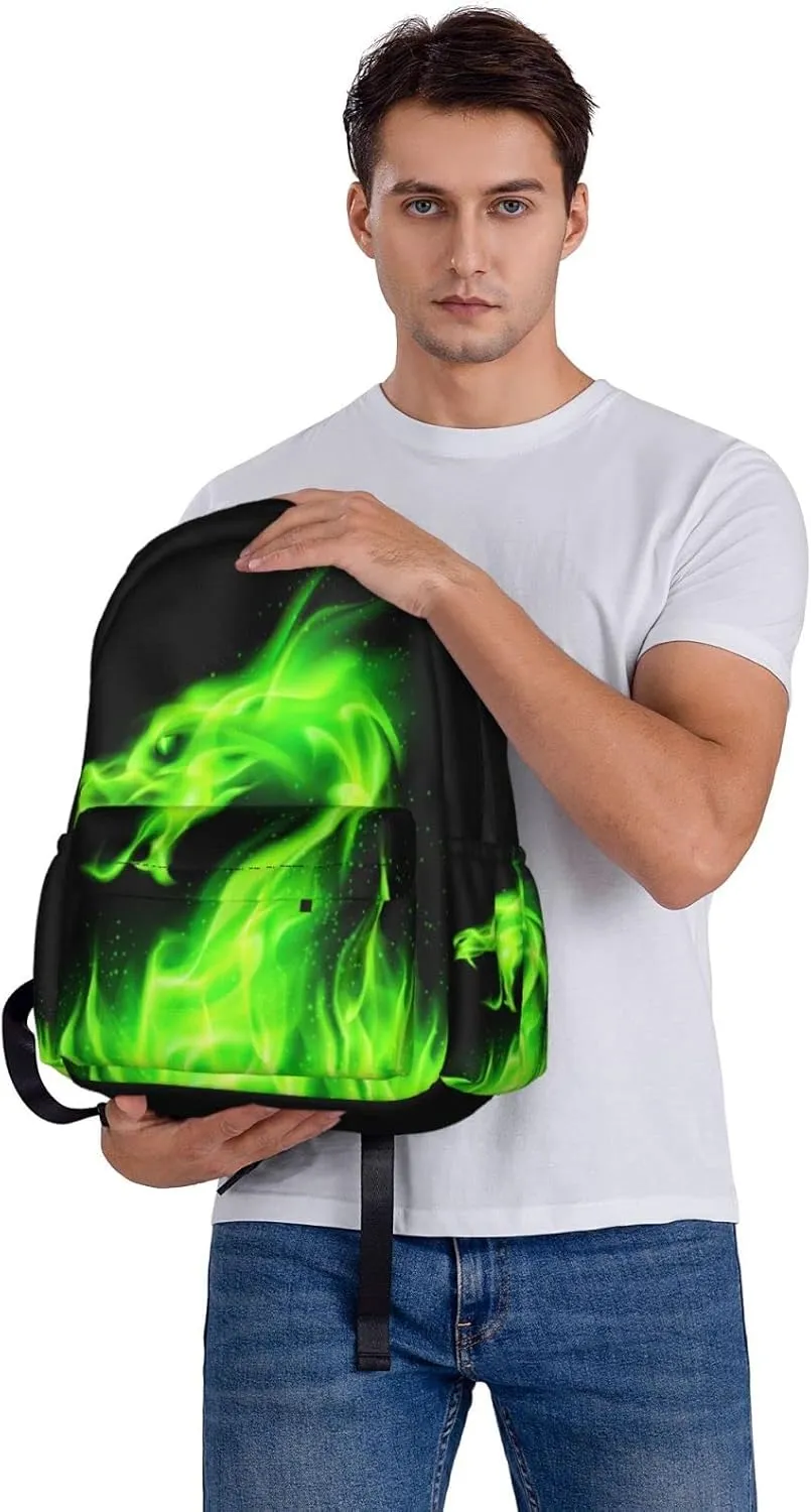 17 inch Backpack Green Fire Burning Dragon Laptop Backpack School Bookbag Shoulder Bag Casual Daypack