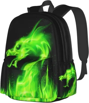 17 inch Backpack Green Fire Burning Dragon Laptop Backpack School Bookbag Shoulder Bag Casual Daypack