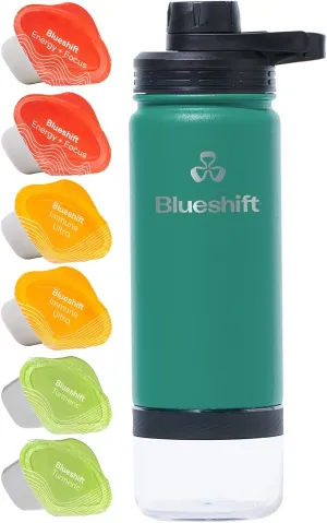 18 oz Stainless Steel Water Bottle - Insulated Shaker Bottle, Protein Shaker Bottle, Metal Shaker Cup for Protein Shakes w/Ball & 6 Superblend Supplements - 18 oz Kale Green Bottle   6 Pods
