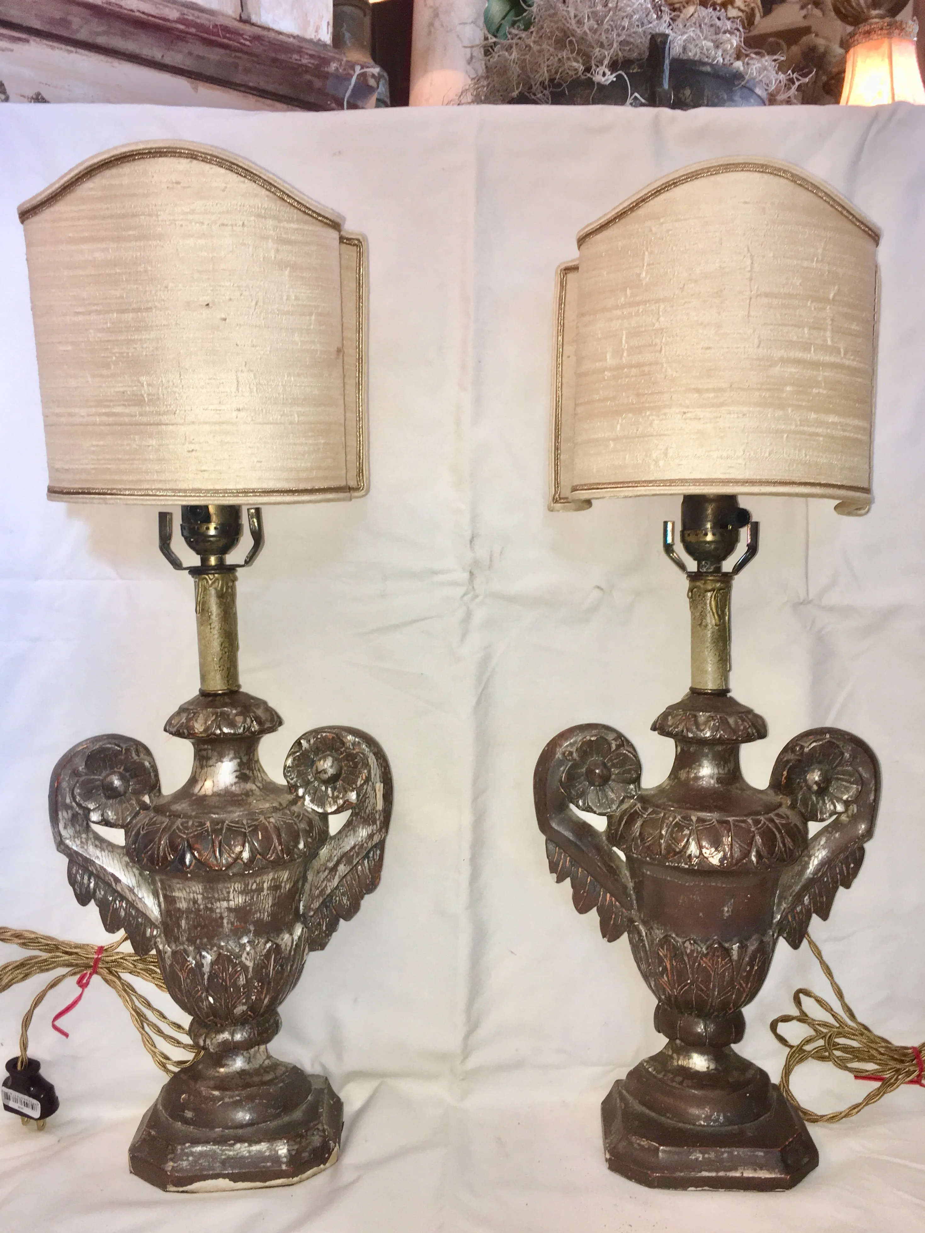 18th-Century Italian Carved & Silver-gilt Wood Fragment Lamps