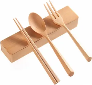 1set Wooden Cutlery Portable Picnic Tableware Fork Spoon and Chopsticks Wooden Case Dining Utensils for Camping Travel Home and Restaurant Use
