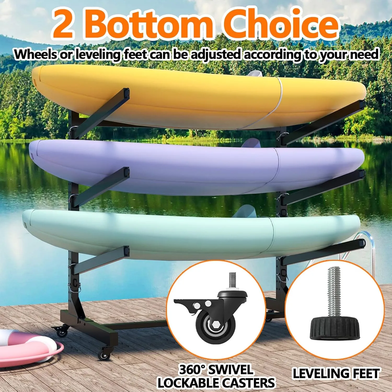 2 Freestanding Kayak Racks for Outdoor Storage, Heavy Duty Kayak Stand for Garage, Storage Rack for Kayak/Canoe/Surfboard/Paddleboard/SUP, Movable & Lockable Wheels, Holders for 2