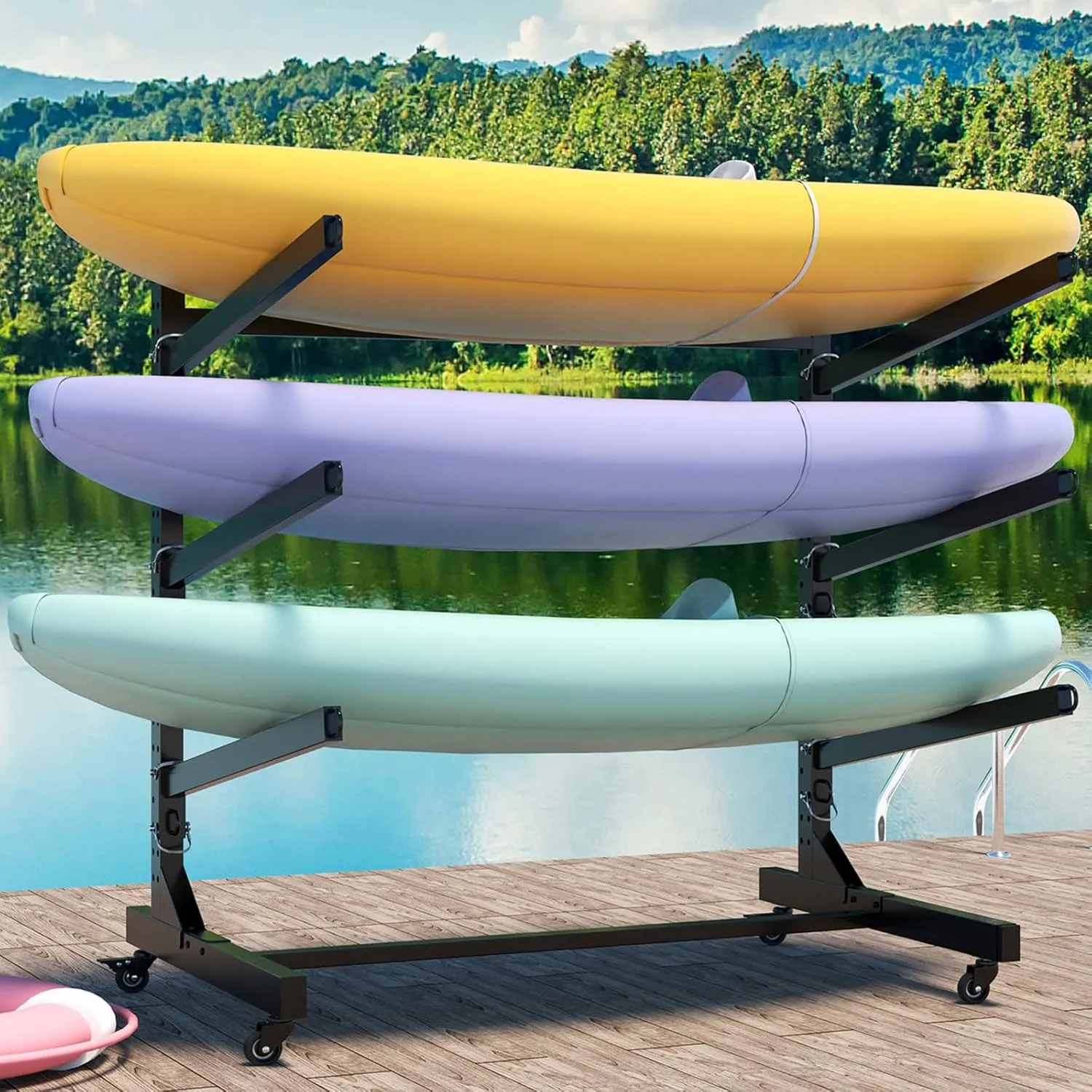2 Freestanding Kayak Racks for Outdoor Storage, Heavy Duty Kayak Stand for Garage, Storage Rack for Kayak/Canoe/Surfboard/Paddleboard/SUP, Movable & Lockable Wheels, Holders for 2