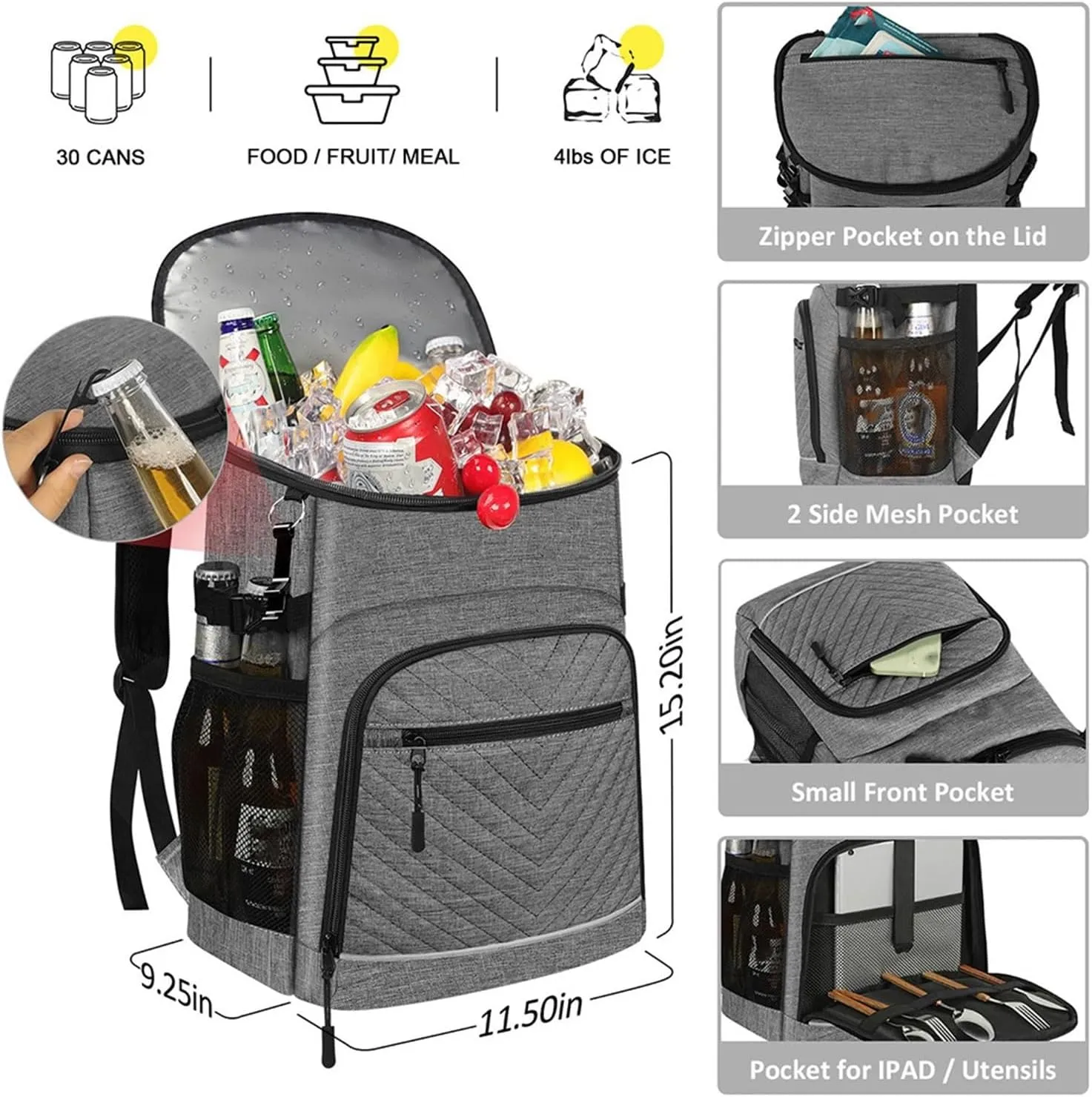 20L Portable Thermal Lunch Bag Food Box Dur-able Waterproof Cooler Ice Insulated Case BBQ Camping Oxford Dinner Backpacks Icebox(GRAY)