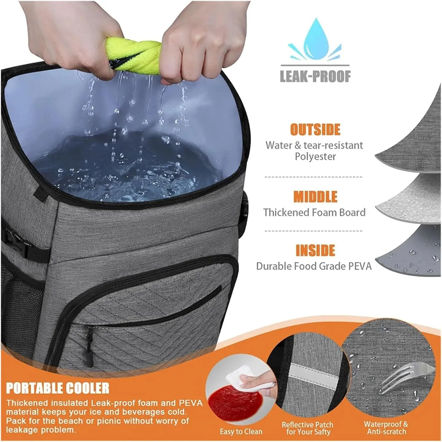 20L Portable Thermal Lunch Bag Food Box Dur-able Waterproof Cooler Ice Insulated Case BBQ Camping Oxford Dinner Backpacks Icebox(GRAY)