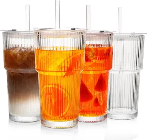 20Oz Ribbed Glass Tumblers with Lids and Straws, Vintage Glass Cups Thickened Drinking Glasses Set of 4, Ideal for Iced Coffee, Smoothies, Cocktails, Matcha and Juices