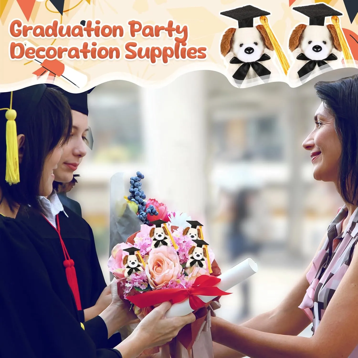 24 Pcs Graduation Mini Dog Stuffed Animal Tiny Congrats Grad Doll Small Soft Plush Animal Keychain with Graduation Cap for Kindergartners College High School Graduation Gifts Party Favors