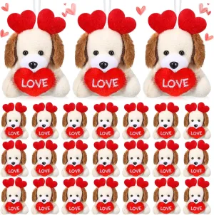 24 Pcs Valentines Day Gifts for Kids Mini Valentines Stuffed Animal Small Plush Keychain with Love Heart Party Favors(Dog)