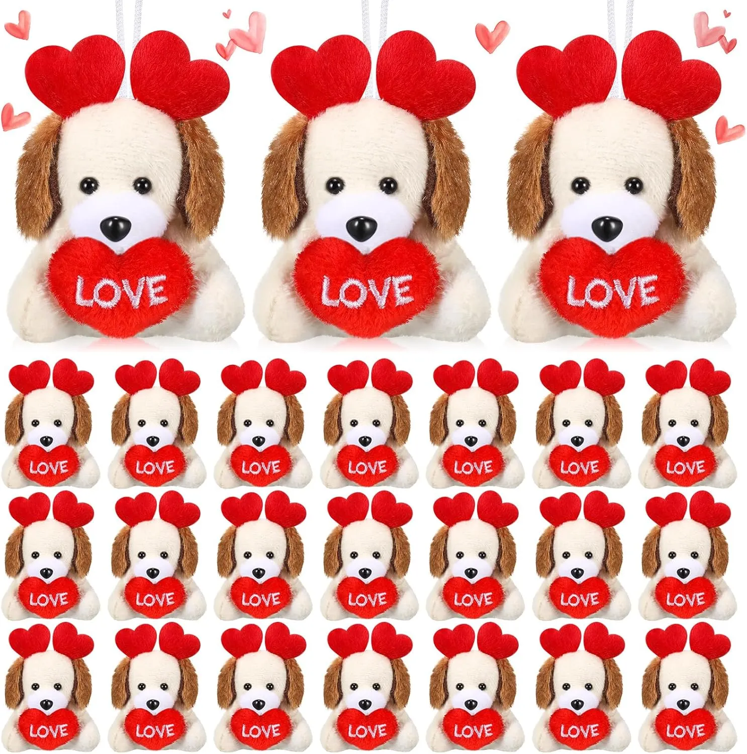 24 Pcs Valentines Day Gifts for Kids Mini Valentines Stuffed Animal Small Plush Keychain with Love Heart Party Favors(Dog)