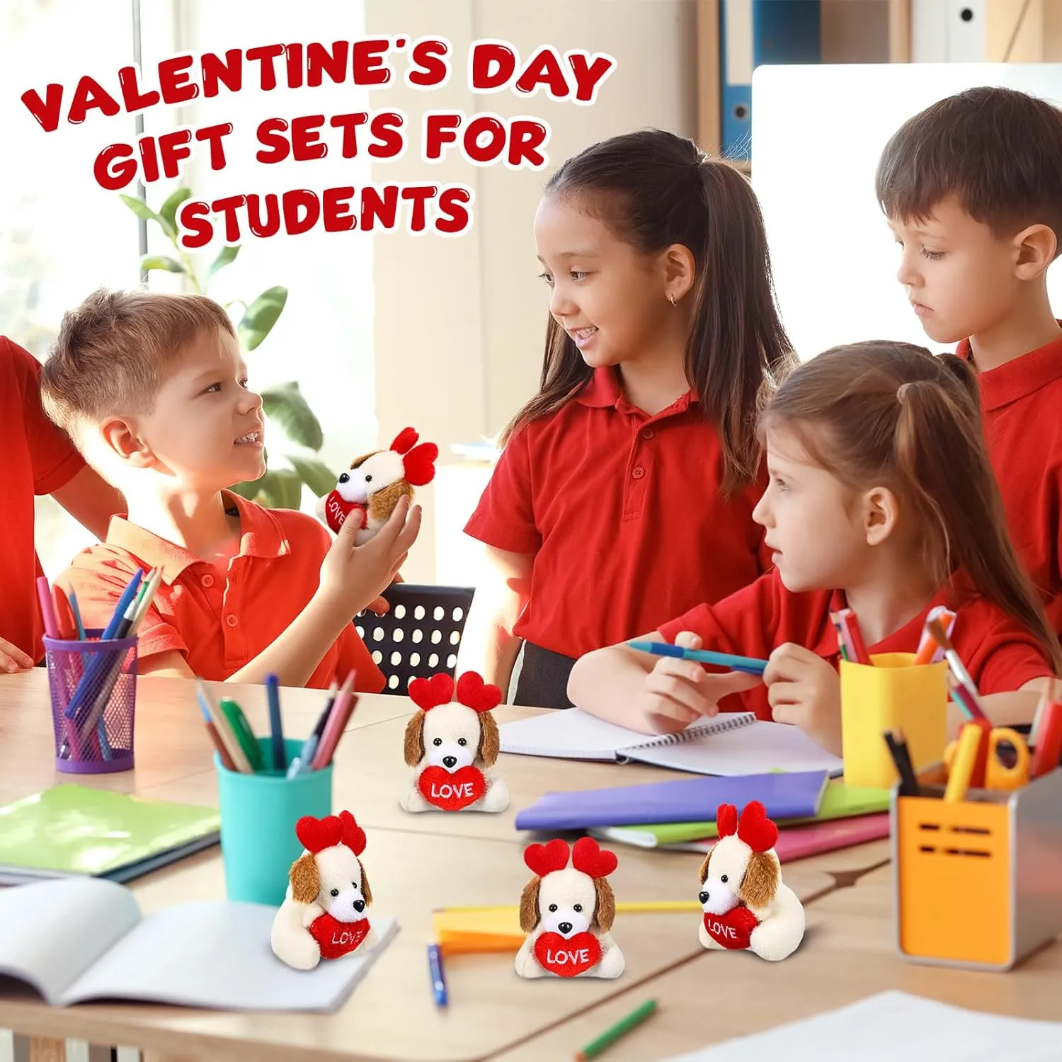 24 Pcs Valentines Day Gifts for Kids Mini Valentines Stuffed Animal Small Plush Keychain with Love Heart Party Favors(Dog)